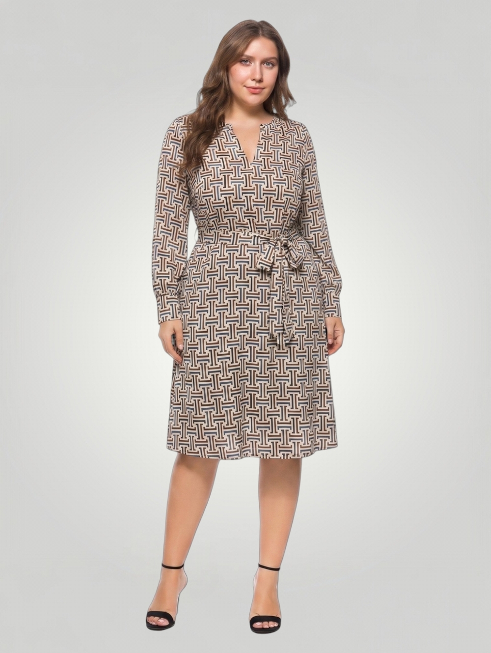 Ann Taylor Large Geometric Print‎ Midi Dress Long Sleeve Old Money Quiet Lux New